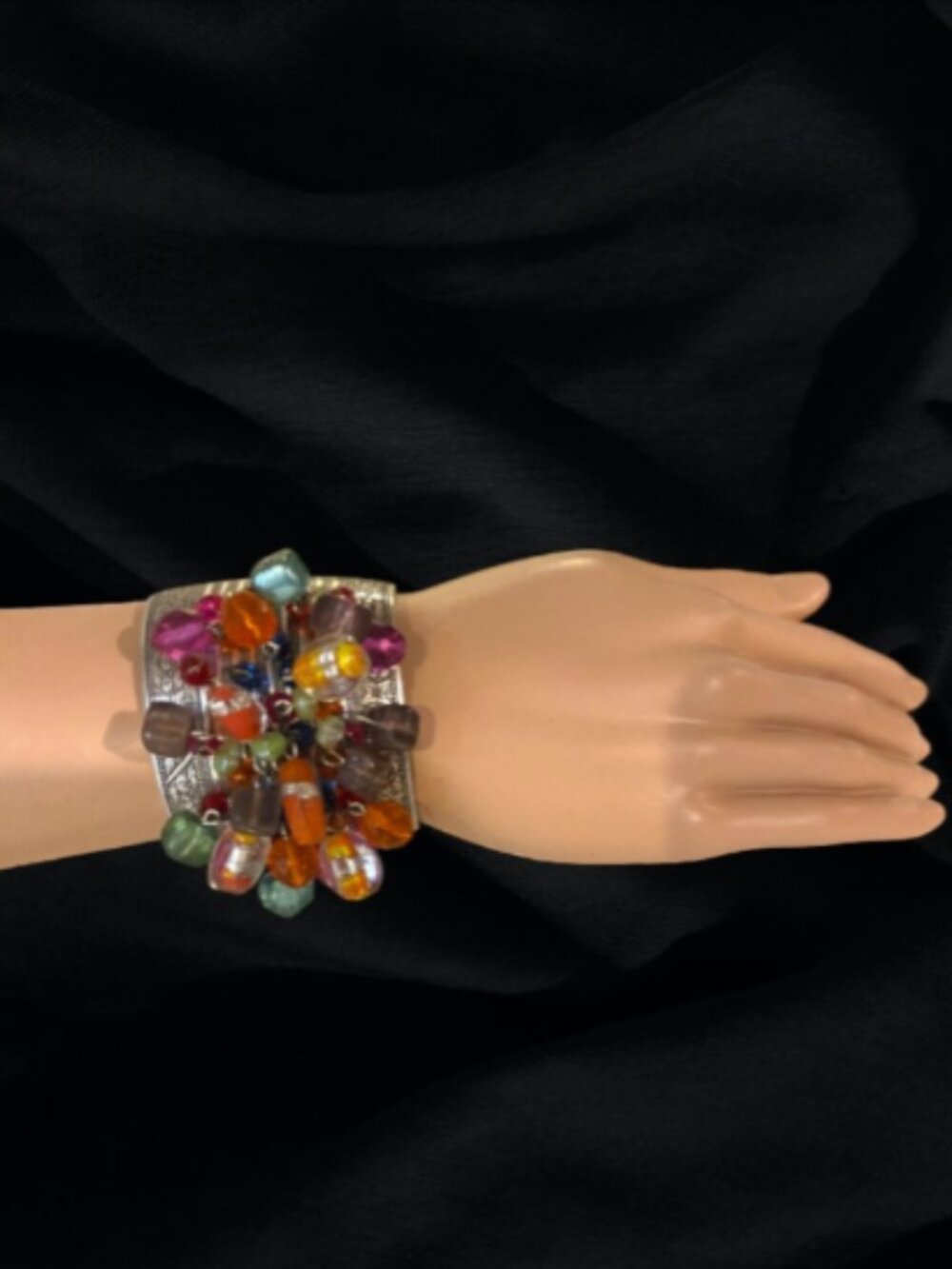 VINTAGE BRACELET -- Wide Silver Cuff Bracelet with Beads & Crystals, Aztec Vibe
